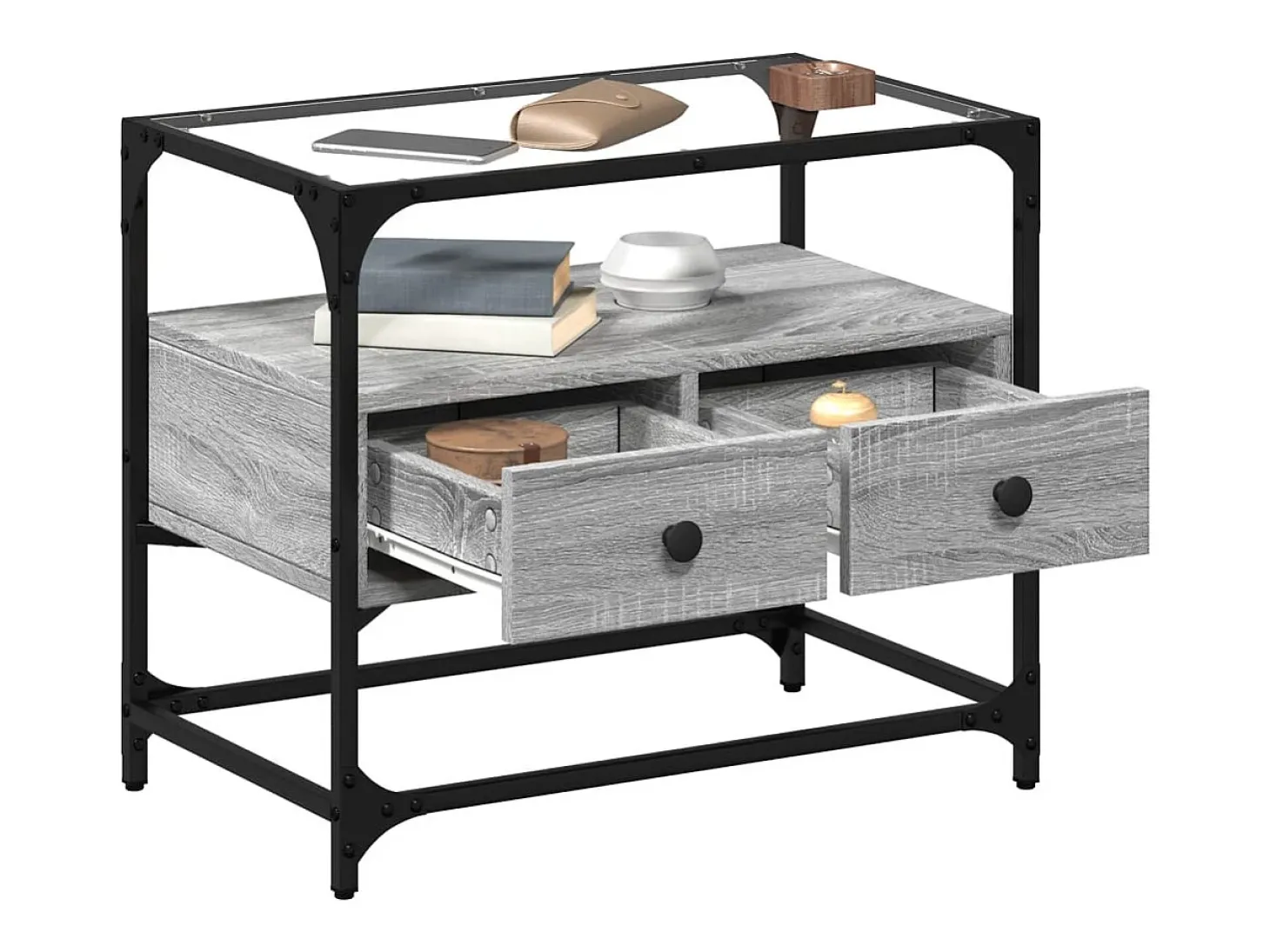 Varel Mueble TV cristal y madera ingeniería gris Sonoma 60x35x51 cm