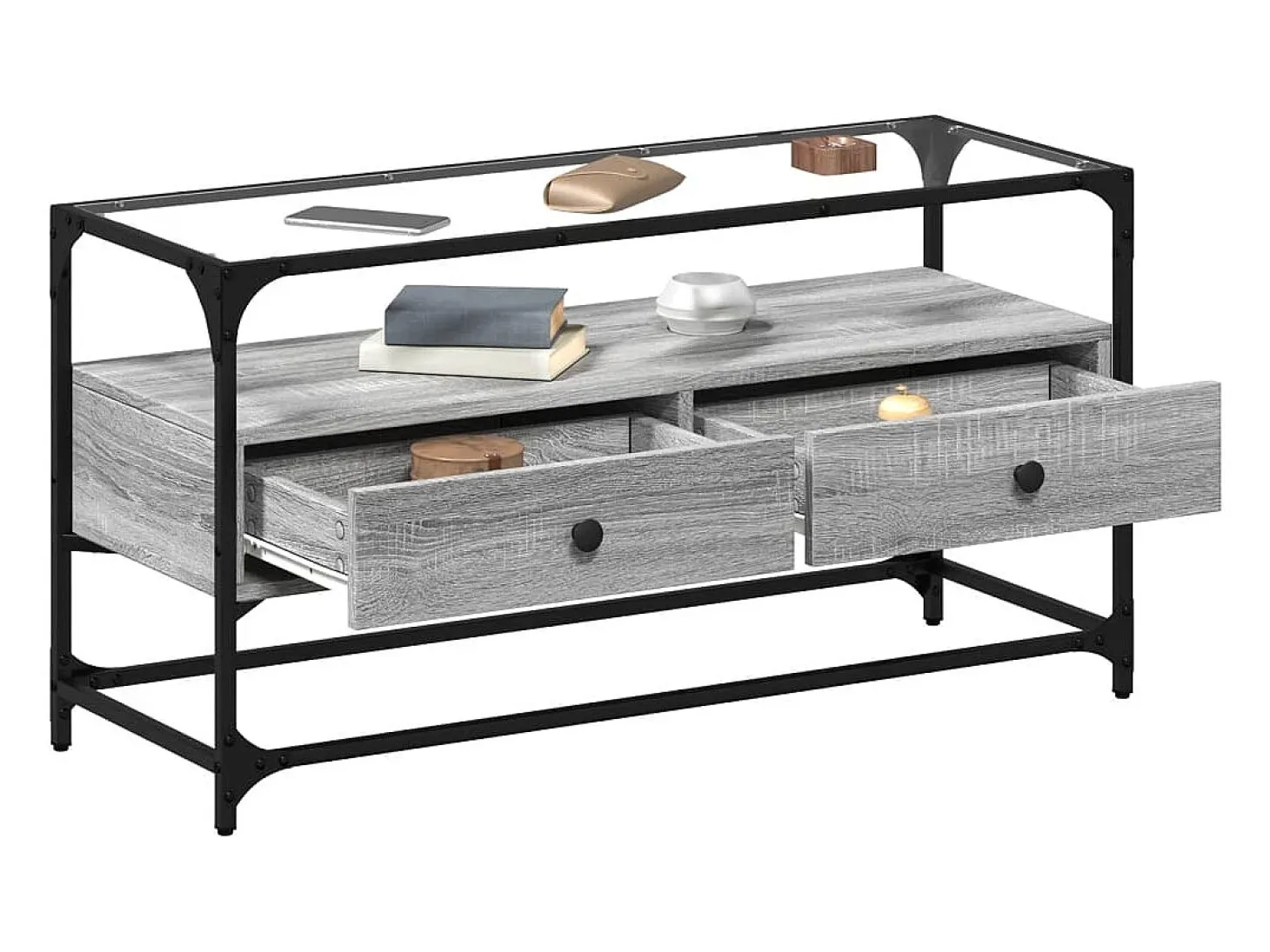 Varel Mueble TV cristal y madera ingeniería gris Sonoma 98x35x51 cm