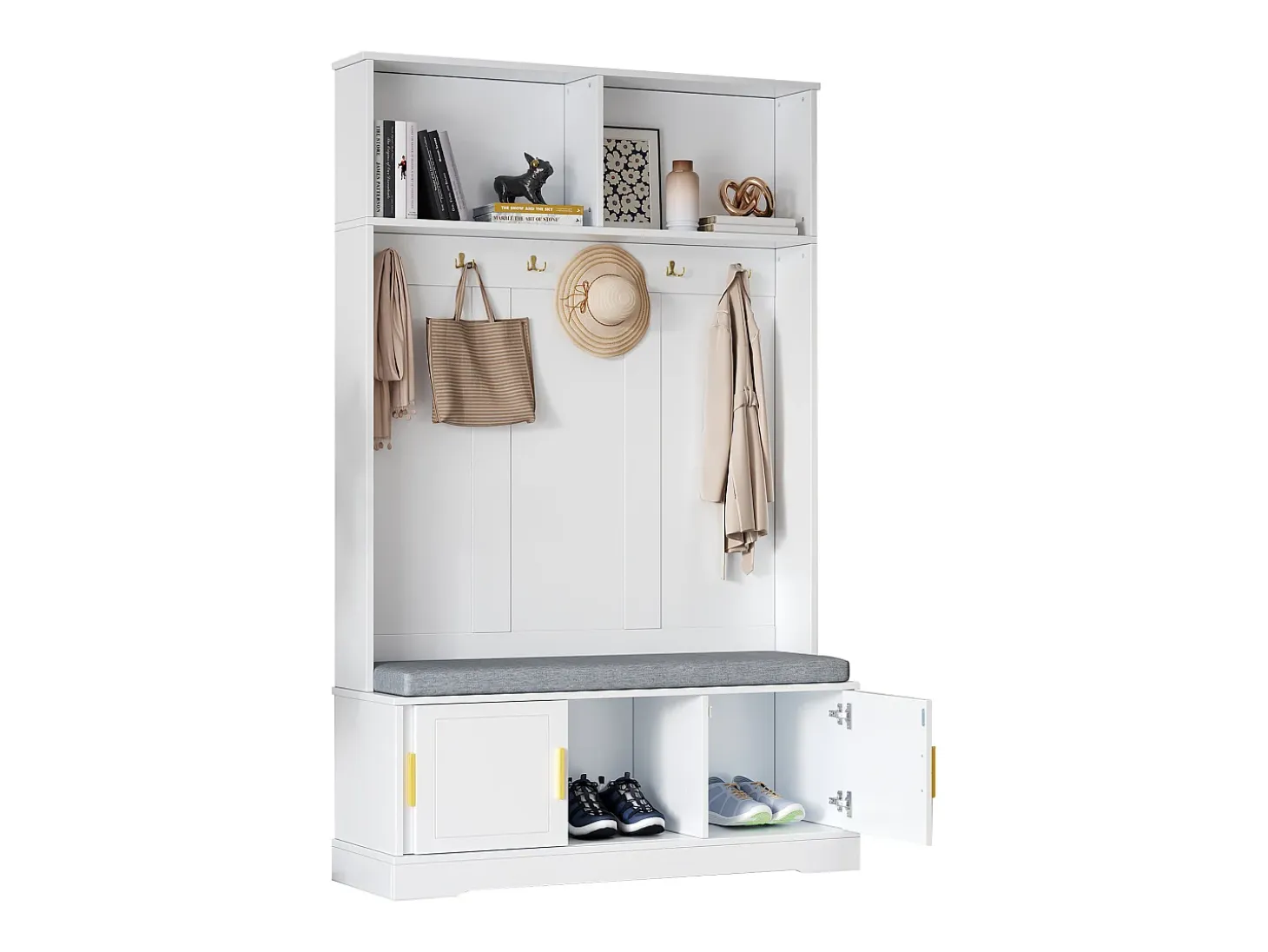 Vestíbulo moderno - con 6 ganchos y 3 puertas - con banco y estantes abiertos - Blanco