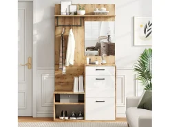 Vestidor 100×38,5×190 cm - con espejo y zapatero - con 1 cajón y 2 compartimentos - blanco + natural