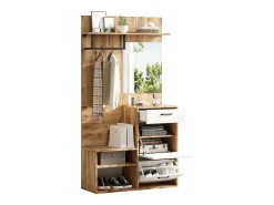 Vestidor 100×38,5×190 cm - con espejo y zapatero - con 1 cajón y 2 compartimentos - blanco + natural