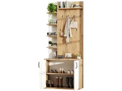 Vestidor 75×33×180 cm - con perchas y zapatero - 5 compartimentos - 2 puertas - natural + blanco