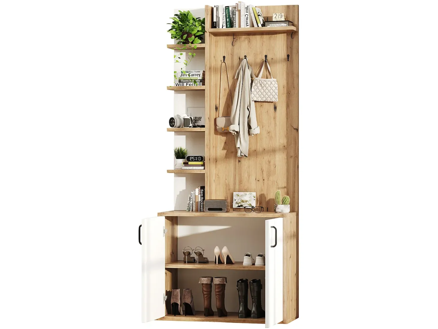 Vestidor 75×33×180 cm - con perchas y zapatero - 5 compartimentos - 2 puertas - natural + blanco