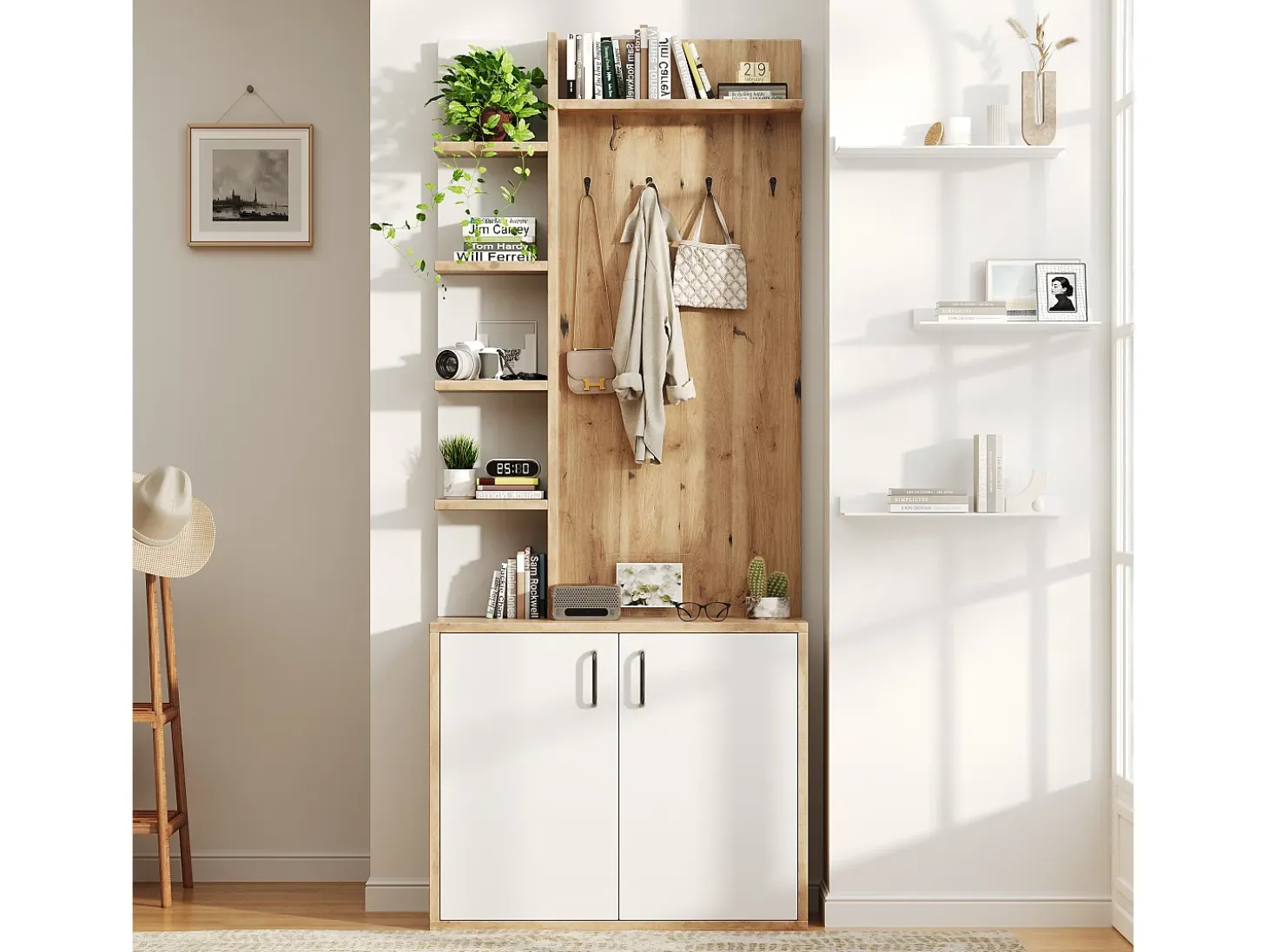 Vestidor 75×33×180 cm - con perchas y zapatero - 5 compartimentos - 2 puertas - natural + blanco