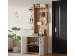 Vestidor 75×33×180 cm - con perchas y zapatero - 5 compartimentos - 2 puertas - natural + blanco
