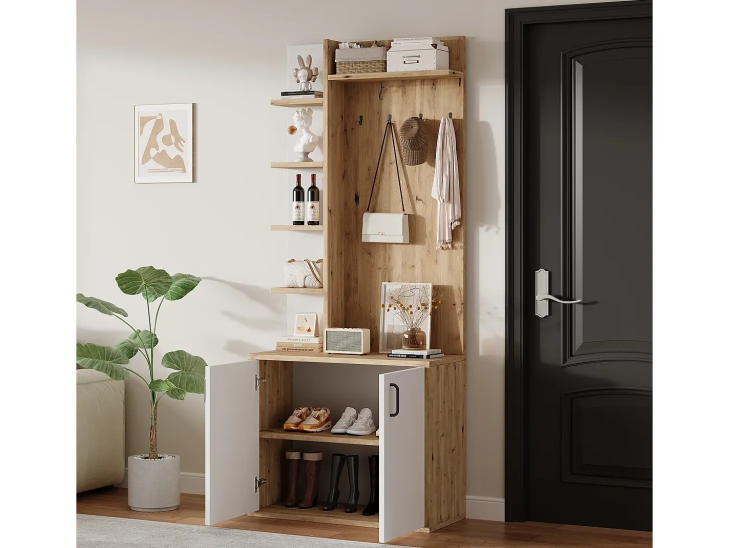 Vestidor 75×33×180 cm - con perchas y zapatero - 5 compartimentos - 2 puertas - natural + blanco