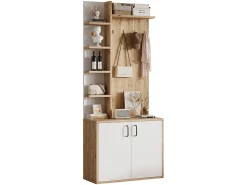 Vestidor 75×33×180 cm - con perchas y zapatero - 5 compartimentos - 2 puertas - natural + blanco