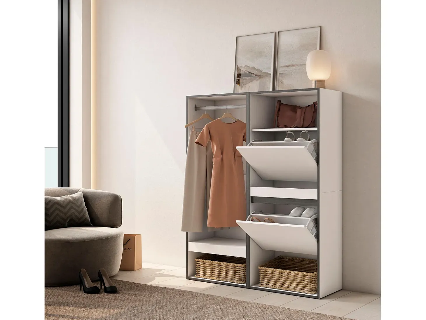 Vestidor abierto, 120x35x145cm, Dormitorio, habitación, Zapatero, Blanco