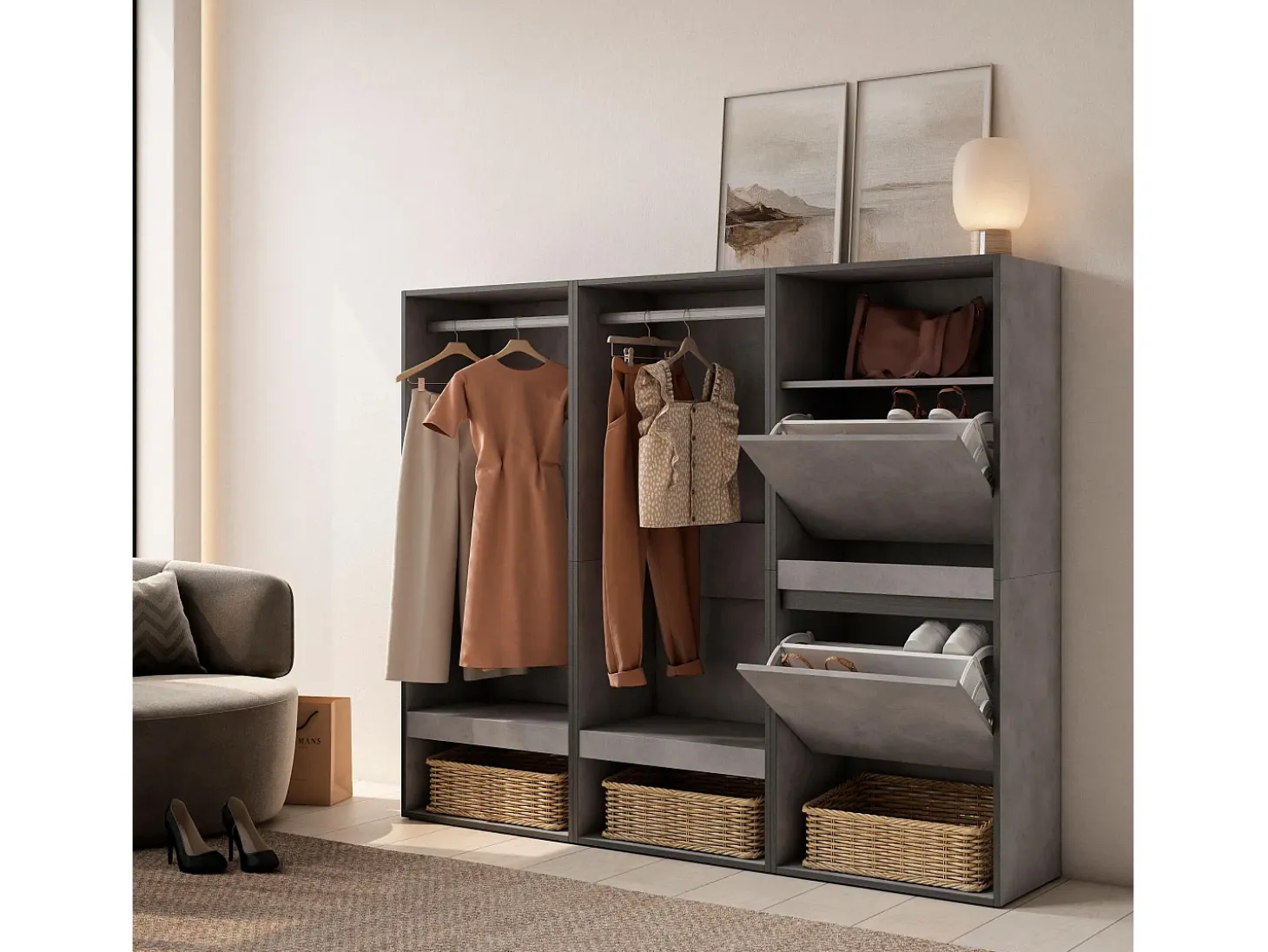 Vestidor abierto, 180x35x145cm, Dormitorio, habitación, Zapatero, Cemento