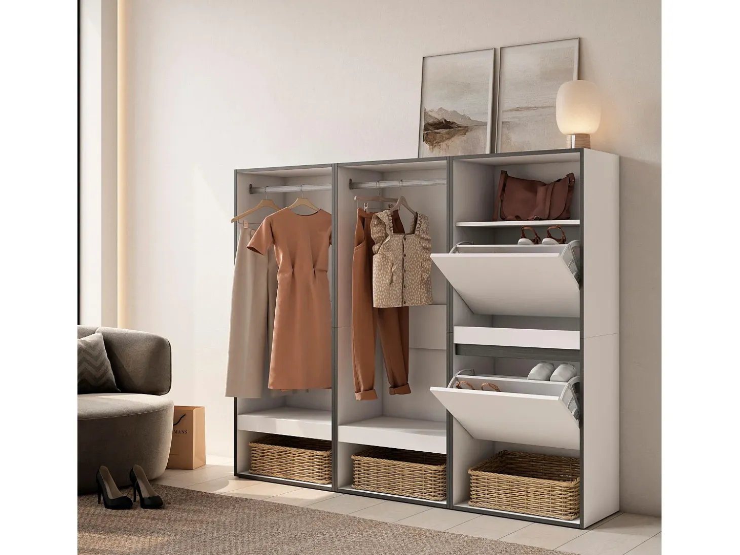 Vestidor abierto, 180x35x145cm, Dormitorio, habitación, Zapatero, Blanco