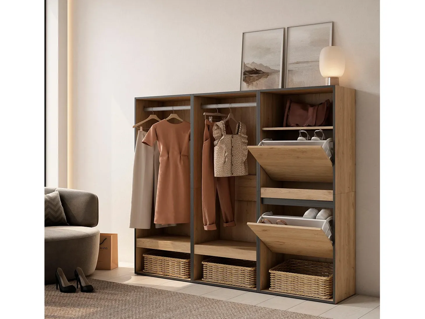 Vestidor abierto, 180x35x145cm, Dormitorio, habitación, Zapatero, Roble