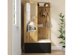 Vestidor con espejo - 100 x 38 x 191 cm - con zapatero + armario + 2 puertas + banco - MDF - natural