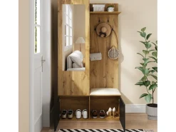 Vestidor con espejo - 100 x 38 x 191 cm - con zapatero + armario + 2 puertas + banco - MDF - natural