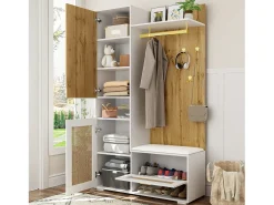 Vestidor con espejo - 110 x 38 x 190 cm - con zapatero + perchero + LED - MDF - blanco