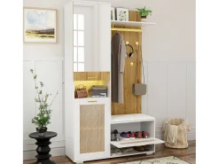 Vestidor con espejo - 110 x 38 x 190 cm - con zapatero + perchero + LED - MDF - blanco