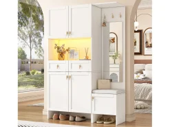 Vestidor de entrada moderno 120x33.5x180cm - con LED y espejo - con banco de zapatos y mueble de zapatos - con 2 cajones y 5 puertas - Blanco