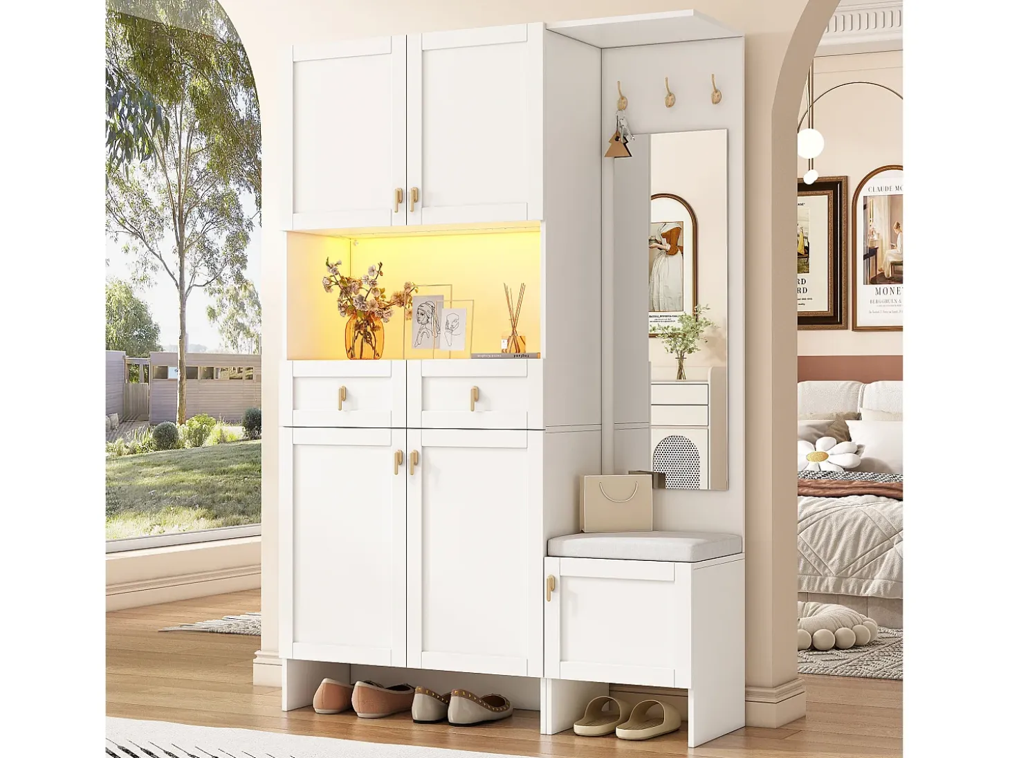 Vestidor de entrada moderno 120x33.5x180cm - con LED y espejo - con banco de zapatos y mueble de zapatos - con 2 cajones y 5 puertas - Blanco