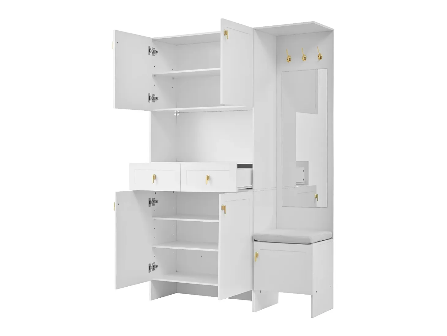 Vestidor de entrada moderno 120x33.5x180cm - con LED y espejo - con banco de zapatos y mueble de zapatos - con 2 cajones y 5 puertas - Blanco