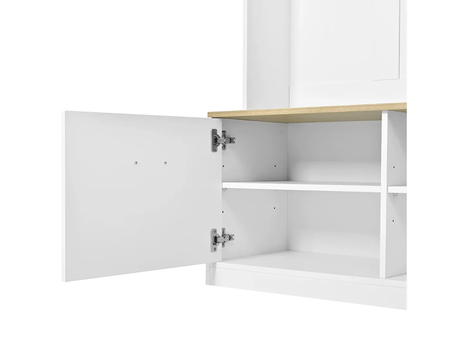 Vestidor de entrada moderno 105x40x180cm - con 2 puertas - con mueble para zapatos y ganchos - estantes abiertos - Blanco + Natural