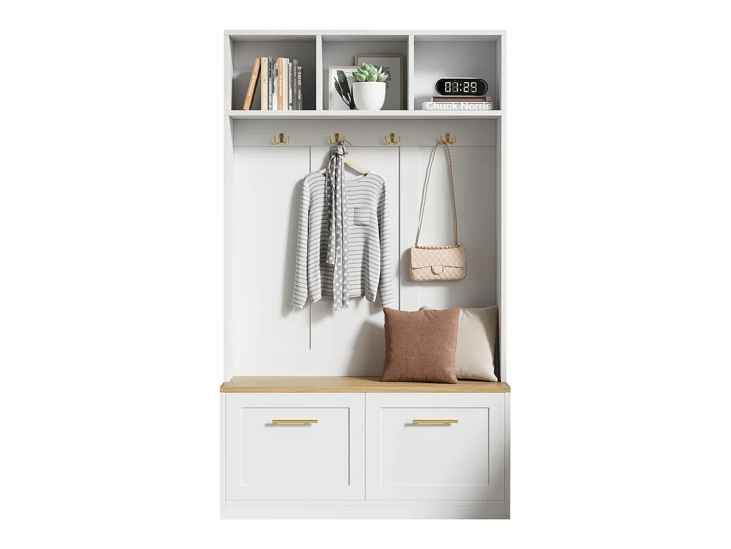 Vestidor de entrada moderno 105x40x180cm - con 2 puertas - con mueble para zapatos y ganchos - estantes abiertos - Blanco + Natural
