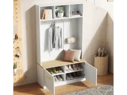 Vestidor de entrada moderno 105x40x180cm - con 2 puertas - con mueble para zapatos y ganchos - estantes abiertos - Blanco + Natural