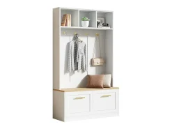 Vestidor de entrada moderno 105x40x180cm - con 2 puertas - con mueble para zapatos y ganchos - estantes abiertos - Blanco + Natural