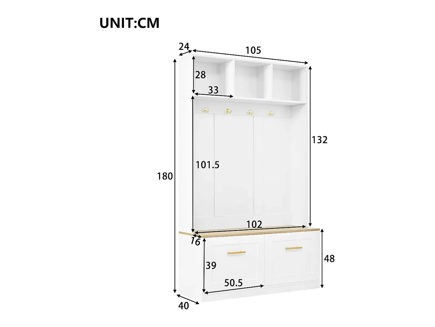 Vestidor de entrada moderno 105x40x180cm - con 2 puertas - con mueble para zapatos y ganchos - estantes abiertos - Blanco + Natural