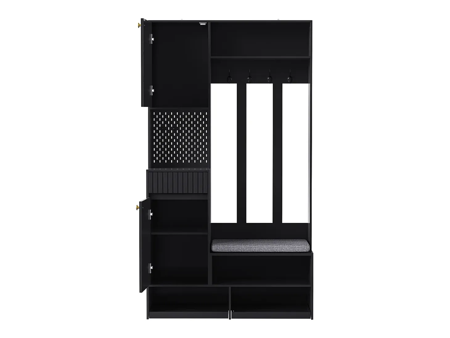 Vestidor de entrada moderno - con 4 ganchos, 2 puertas y 1 cajón - con banco y estantes abiertos - Negro