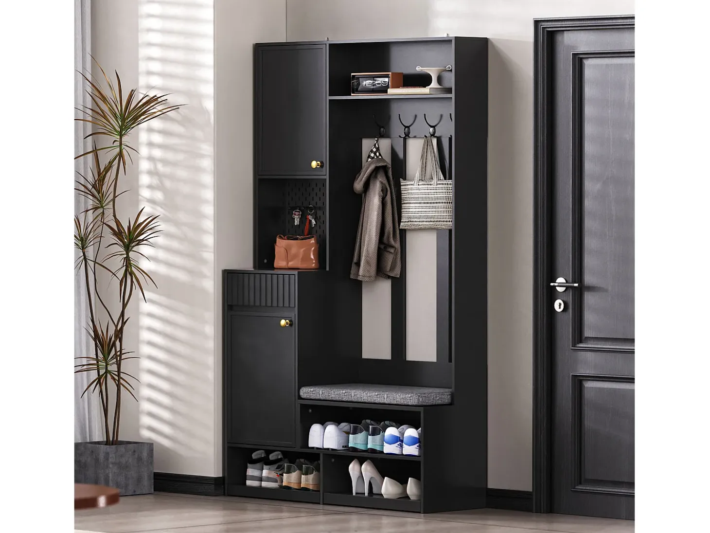 Vestidor de entrada moderno - con 4 ganchos, 2 puertas y 1 cajón - con banco y estantes abiertos - Negro