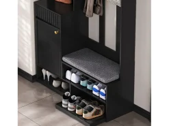 Vestidor de entrada moderno - con 4 ganchos, 2 puertas y 1 cajón - con banco y estantes abiertos - Negro