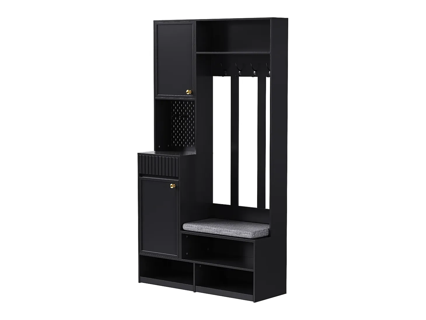 Vestidor de entrada moderno - con 4 ganchos, 2 puertas y 1 cajón - con banco y estantes abiertos - Negro