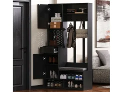 Vestidor de entrada moderno - con 4 ganchos, 2 puertas y 1 cajón - con banco y estantes abiertos - Negro