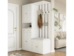 Vestuario de entrada moderno 180x37x110 cm - con 2 cajones y 6 puertas - con banco para zapatos y mueble para calzado - Blanco