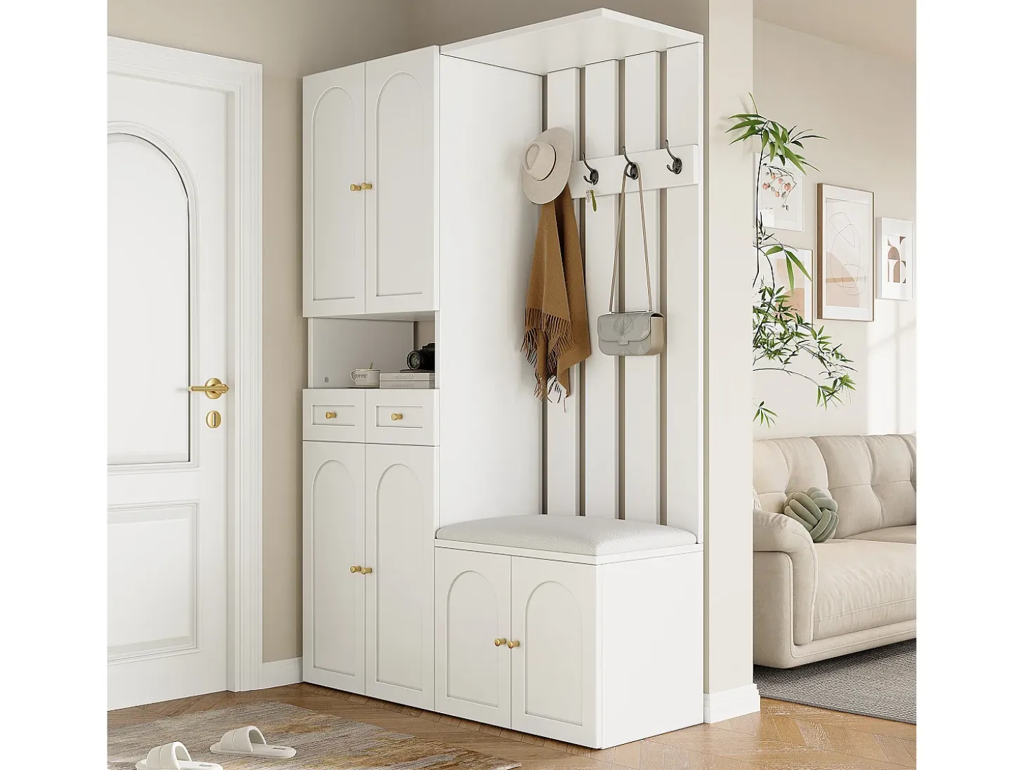 Vestuario de entrada moderno 180x37x110 cm - con 2 cajones y 6 puertas - con banco para zapatos y mueble para calzado - Blanco