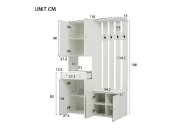 Vestuario de entrada moderno 180x37x110 cm - con 2 cajones y 6 puertas - con banco para zapatos y mueble para calzado - Blanco