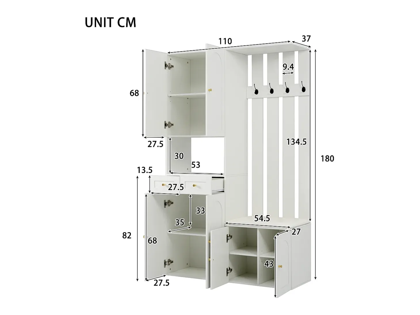 Vestuario de entrada moderno 180x37x110 cm - con 2 cajones y 6 puertas - con banco para zapatos y mueble para calzado - Blanco