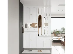 Vestuario de entrada moderno 180x37x110 cm - con 2 cajones y 6 puertas - con banco para zapatos y mueble para calzado - Blanco