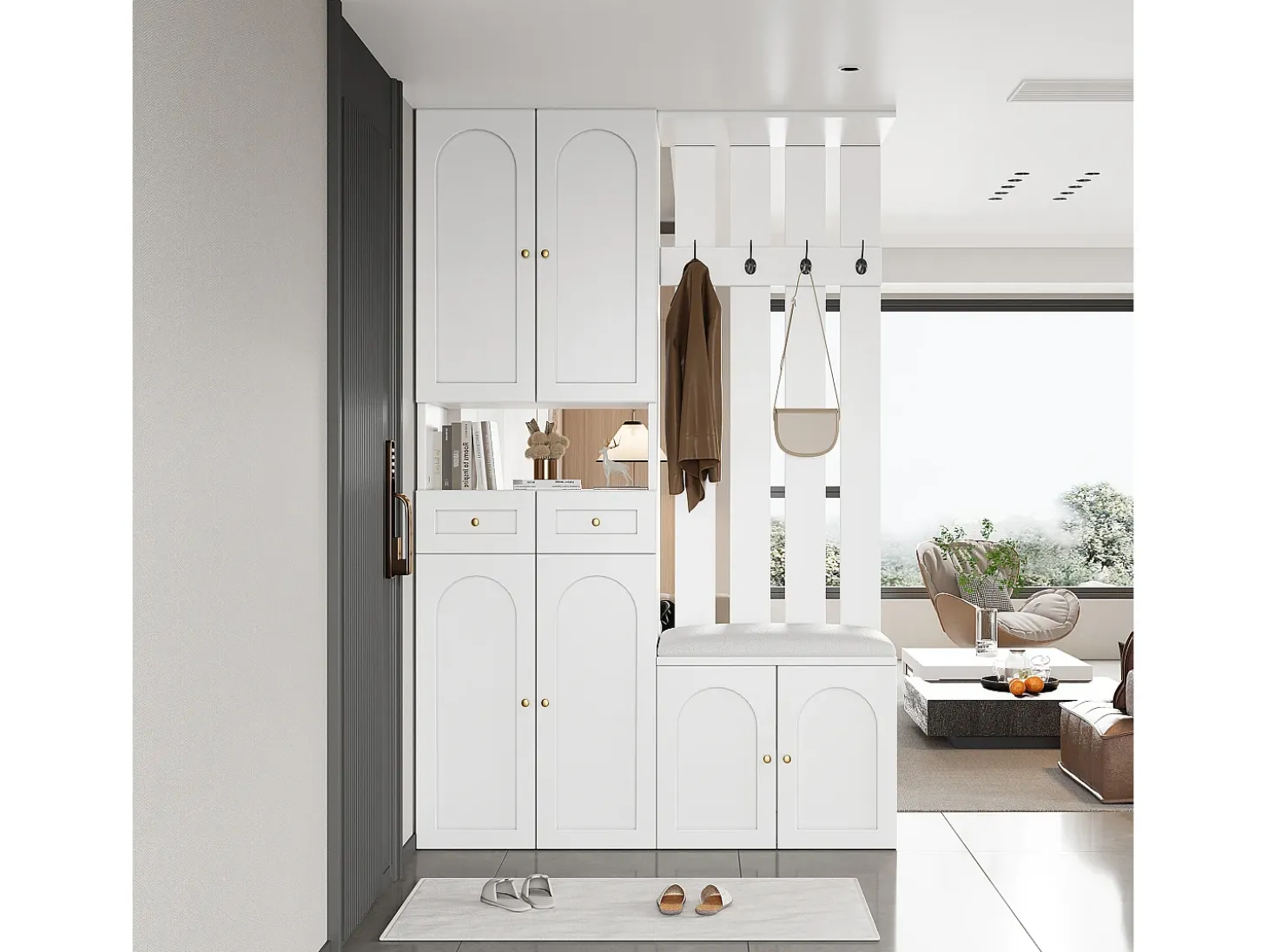 Vestuario de entrada moderno 180x37x110 cm - con 2 cajones y 6 puertas - con banco para zapatos y mueble para calzado - Blanco