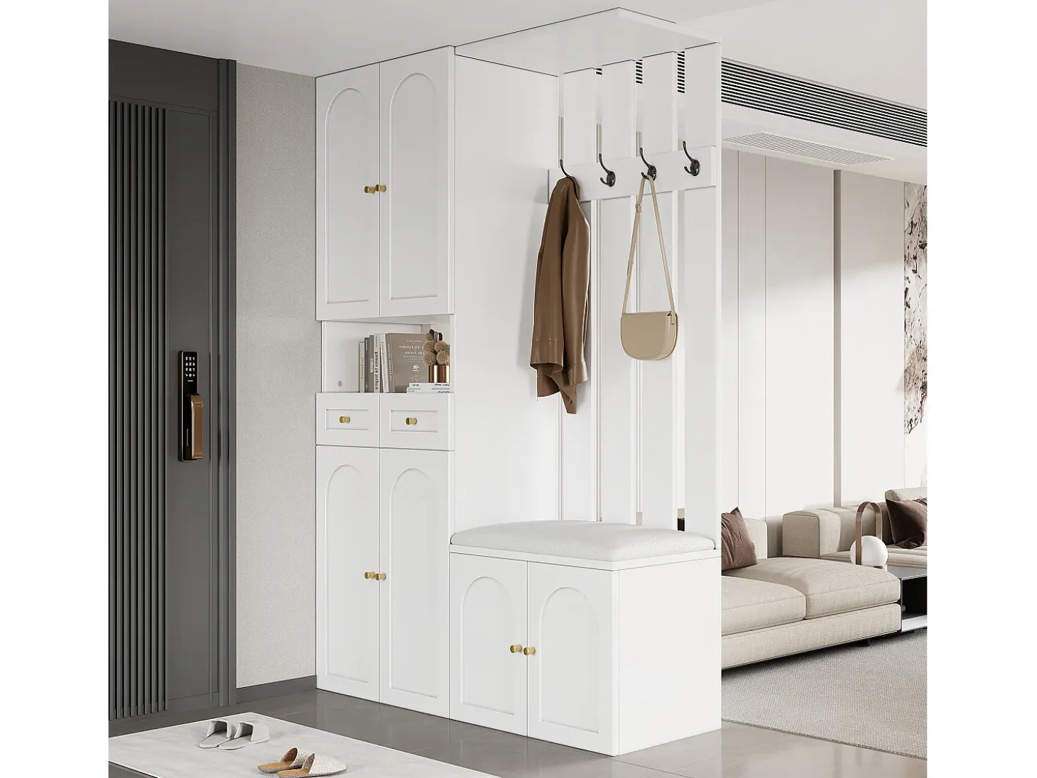 Vestuario de entrada moderno 180x37x110 cm - con 2 cajones y 6 puertas - con banco para zapatos y mueble para calzado - Blanco