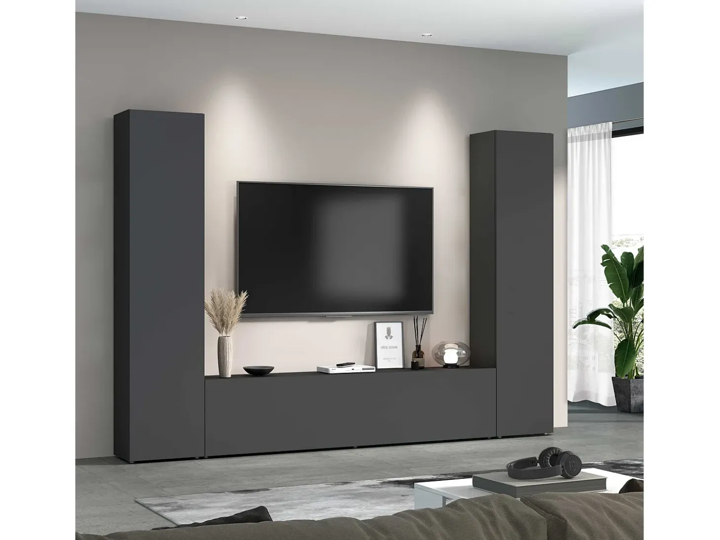 Vibe RT mueble TV moderno gris colgado sistema pared 2 armarios