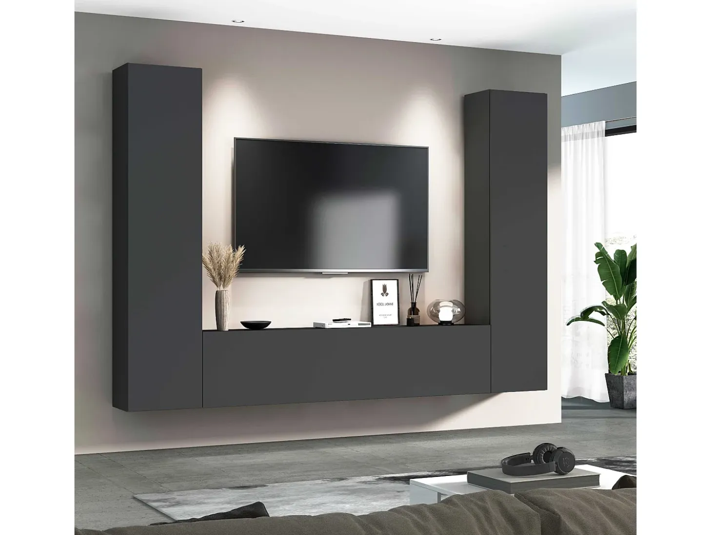 Vibe RT mueble TV moderno gris colgado sistema pared 2 armarios