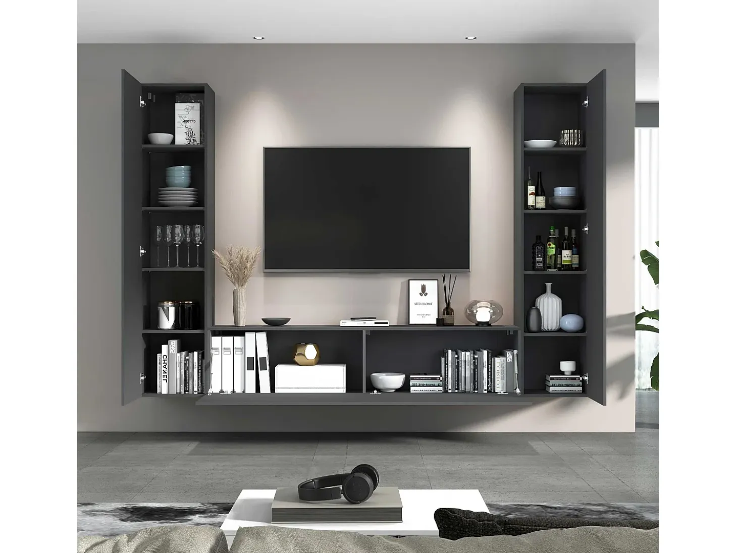 Vibe RT mueble TV moderno gris colgado sistema pared 2 armarios