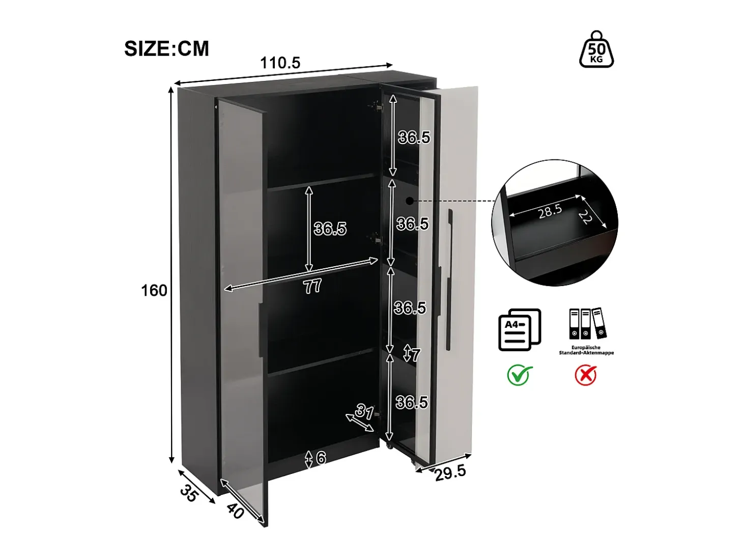 Vitrina 110,5×35×160 cm - 2 puertas de vidrio - 1 cajón lateral - con iluminación LED - negro + blanco