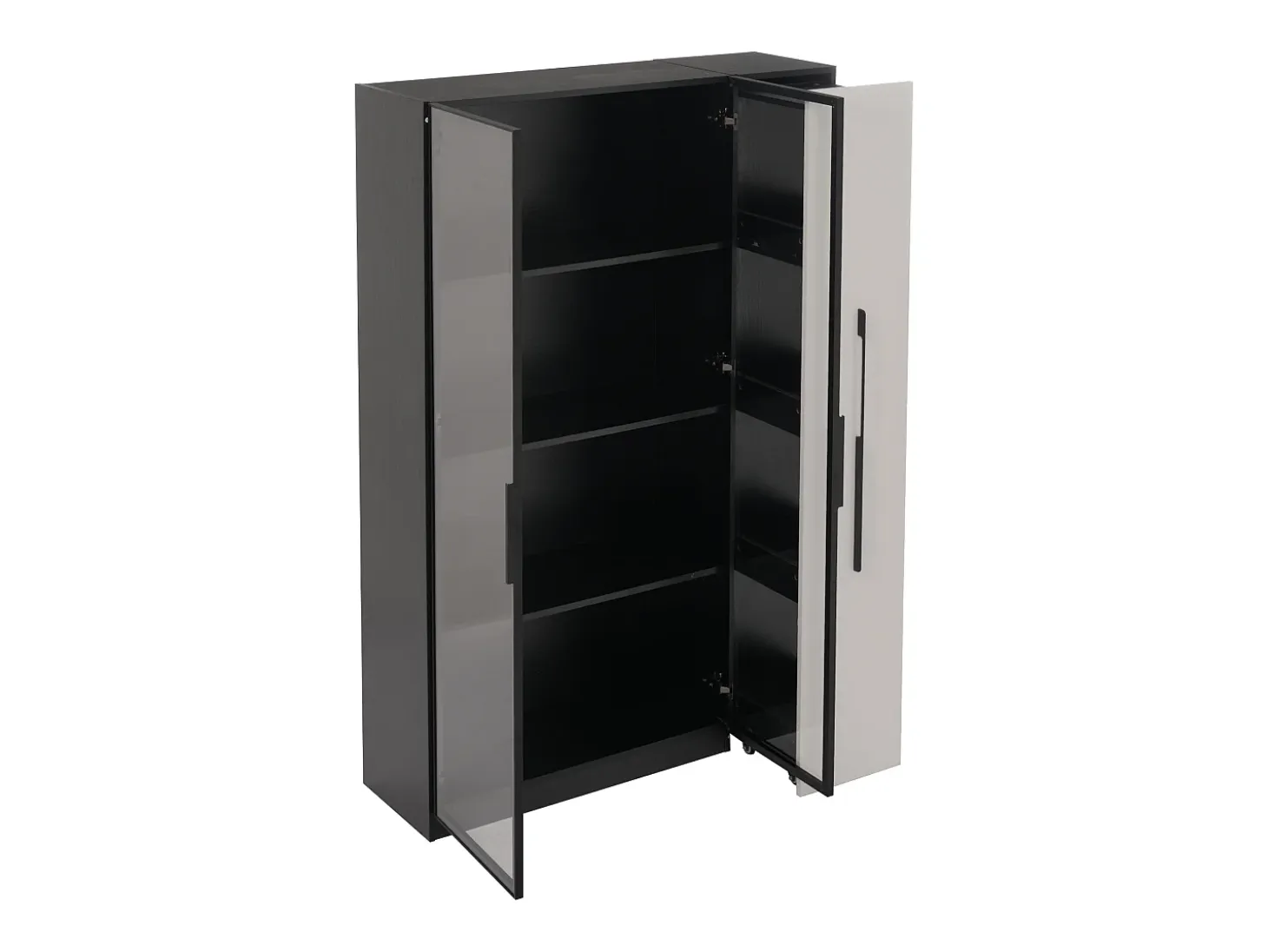 Vitrina 110,5×35×160 cm - 2 puertas de vidrio - 1 cajón lateral - con iluminación LED - negro + blanco