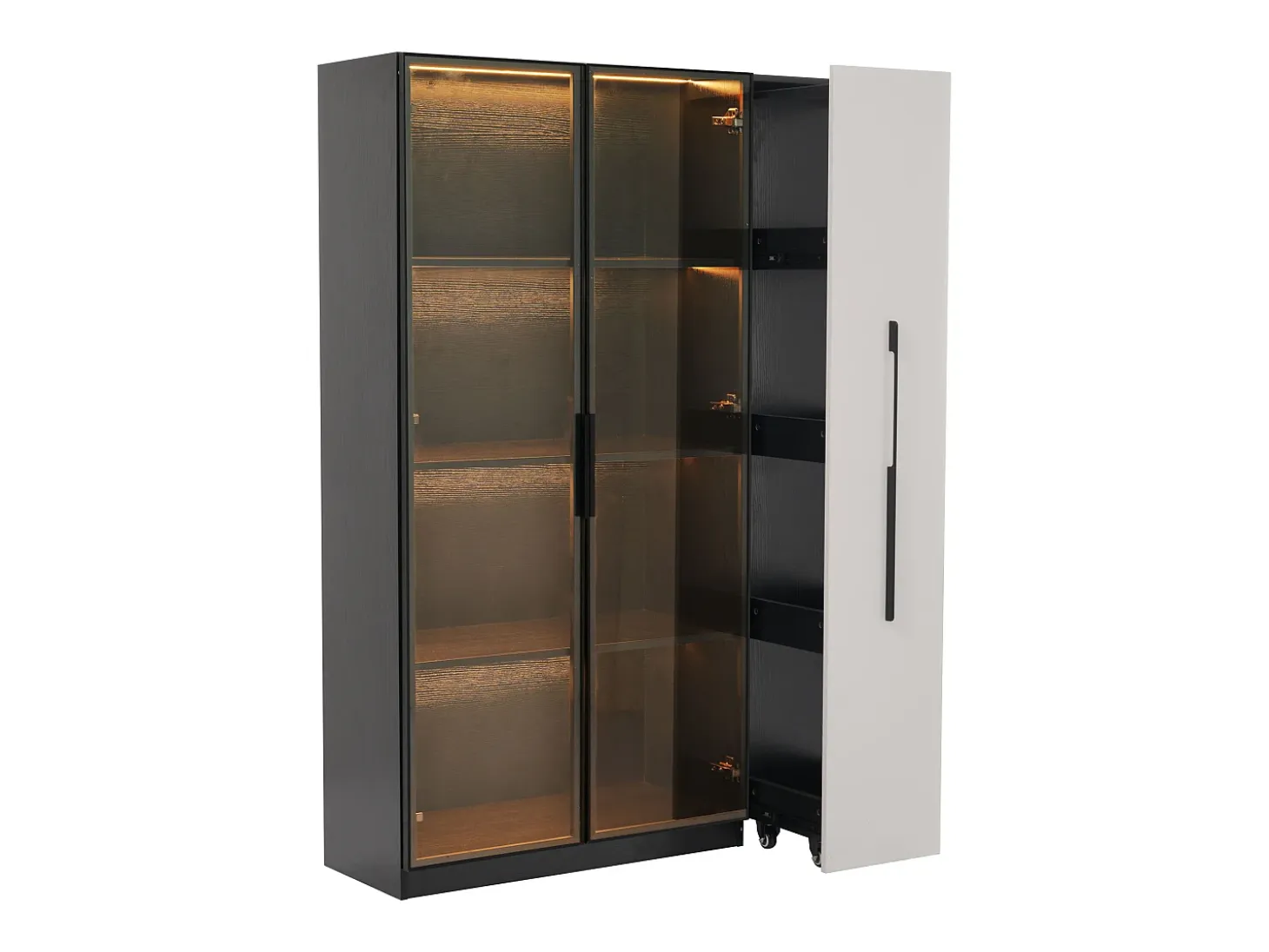 Vitrina 110,5×35×160 cm - 2 puertas de vidrio - 1 cajón lateral - con iluminación LED - negro + blanco