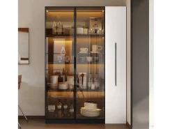 Vitrina 110,5×35×160 cm - 2 puertas de vidrio - 1 cajón lateral - con iluminación LED - negro + blanco