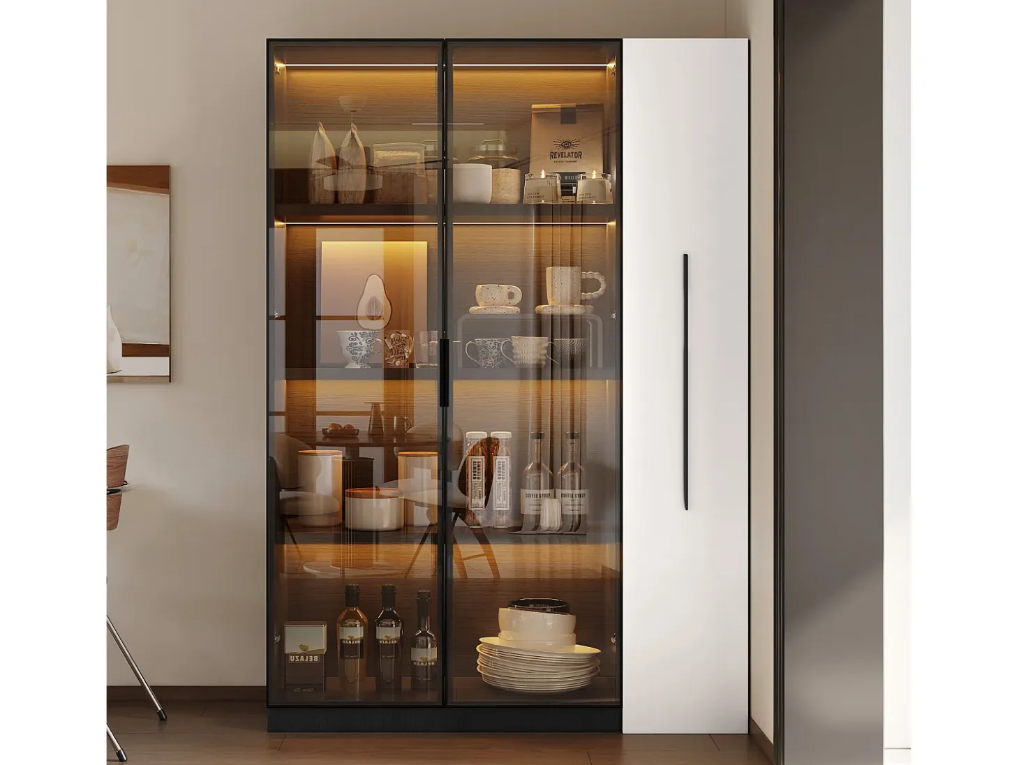 Vitrina 110,5×35×160 cm - 2 puertas de vidrio - 1 cajón lateral - con iluminación LED - negro + blanco