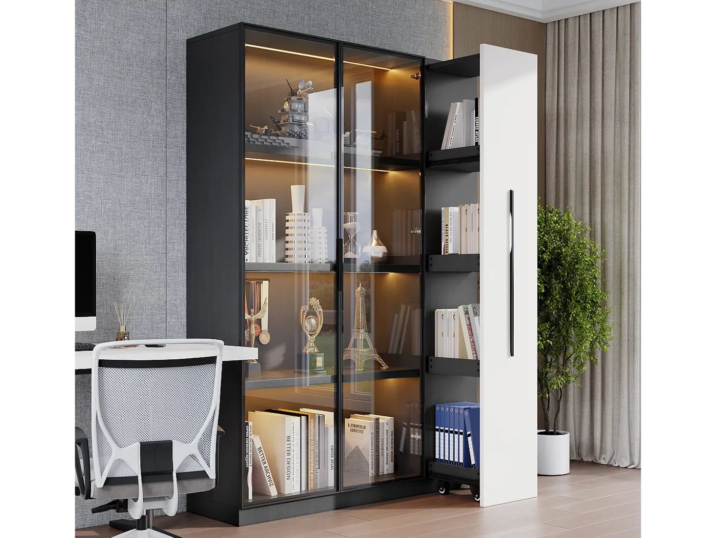 Vitrina 110,5×35×160 cm - 2 puertas de vidrio - 1 cajón lateral - con iluminación LED - negro + blanco