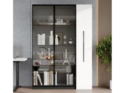 Vitrina 110,5×35×160 cm - 2 puertas de vidrio - 1 cajón lateral - con iluminación LED - negro + blanco