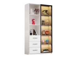 Vitrina 80×40×160 cm - con 1 puerta de vidrio templado y 3 cajones - con iluminación LED - 3 estantes abiertos - blanco